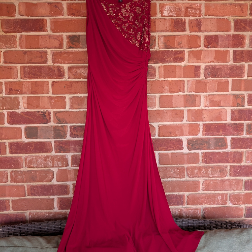 R&M Richards Burgundy Lace Prom Dress